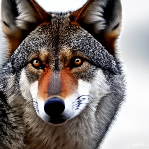 Prompt: professional photograph of a red wolf gray wolf hybrid, high quality, hd, 8 k, 4 k, magnificent, award - winning, nature, nature photography, awe - inspiring, highly detailed, amazing