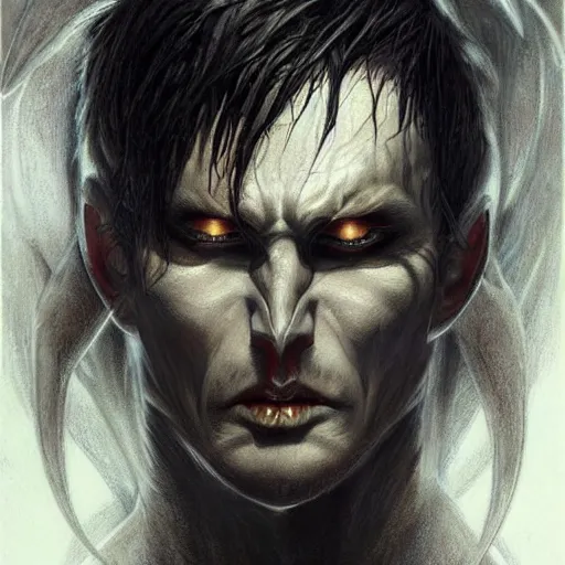 Image similar to concept drawing, demon possessed character, male. hair cut in half, left black, right white. demon noticeable by extra eyes, dark aura, cold look. made by karol bak