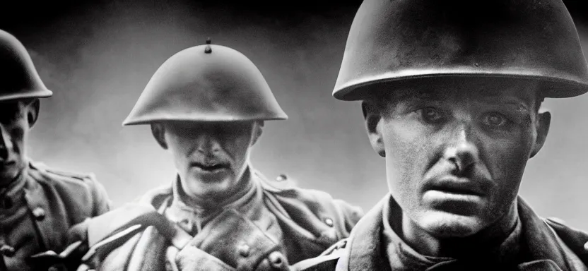 Image similar to horrified World War 1 soldiers, high contrast lighting, IMAX cinematic film still