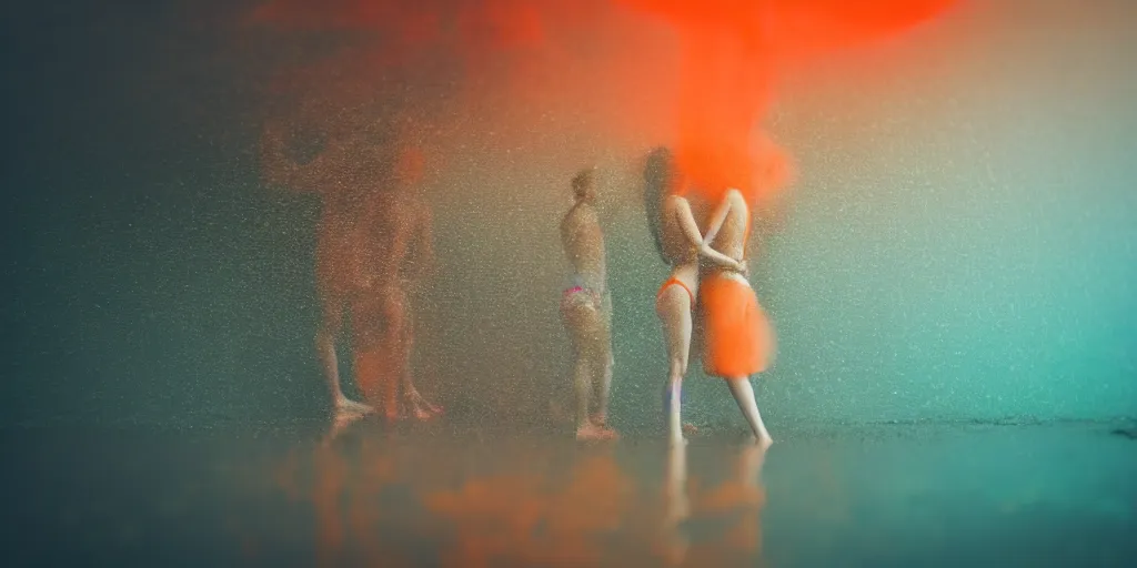 Image similar to a blurry closeup picture of gorgeous human bodies intertwined, female bodies, dripping wet, macro photography, long exposure photograph, surrealism, anamorphic bokeh, cozy, soft light, cyan and orange, caustic, atmospheric fog, octane render, cinematic