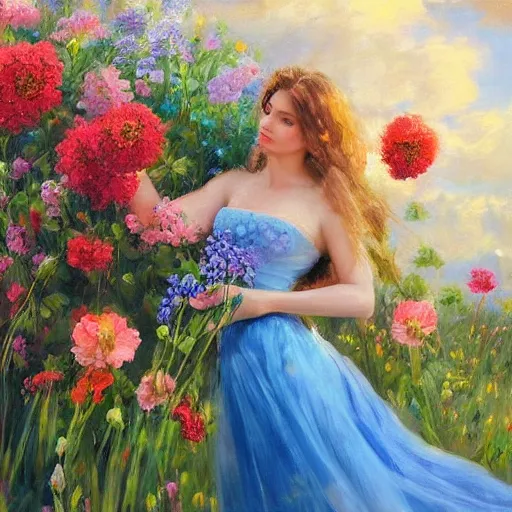 Image similar to a portrait of a romantic woman with flowers grow out of hair, roses peonies forget-me-nots dahlias lupins gladioli, sky theme in background, by Alexandr Averin, Digital Art, Trending on artstation