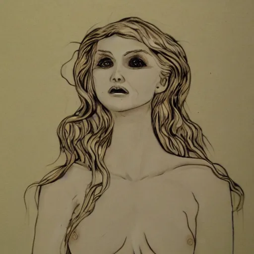 Prompt: horror line art goddess Venus Aphrodite beautiful terrifying found footage backrooms creepy