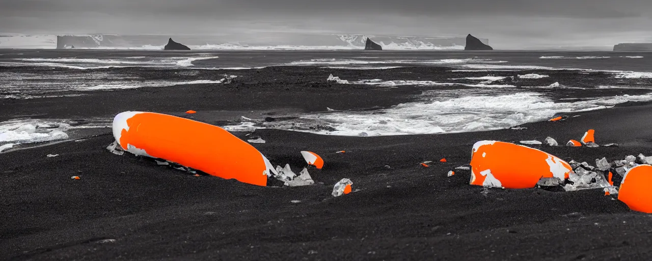 Image similar to cinematic shot of giant orange and white military spacecraft wreckage on an endless black sand beach in iceland with icebergs in the distance, 2 8 mm, shockwave