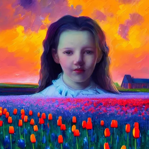 Image similar to dutch girl with singular giant tulip as a head, surreal photography, flower field, sunset dramatic light, impressionist painting, colorful clouds, blue sky, digital painting, artstation, simon stalenhag