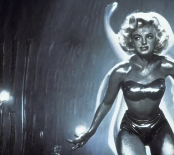 Image similar to a movie still of marlin monroe in the movie alien running from a xenomorph, fear, leg lights, panic