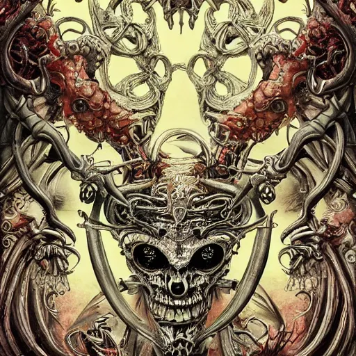 Image similar to the seven deadly sins, horror art, grotesque, zbrush art, majestic, silver filigree, colorful, dark fantasy, celtic knot, anatomical, h r giger style, frank frazetta, ornate, art nouveau, symmetrical, turquoise jewelry, red smoke insanely detailed and intricate, hypermaximalist, elegant, ornate, hyper realistic, super detailed