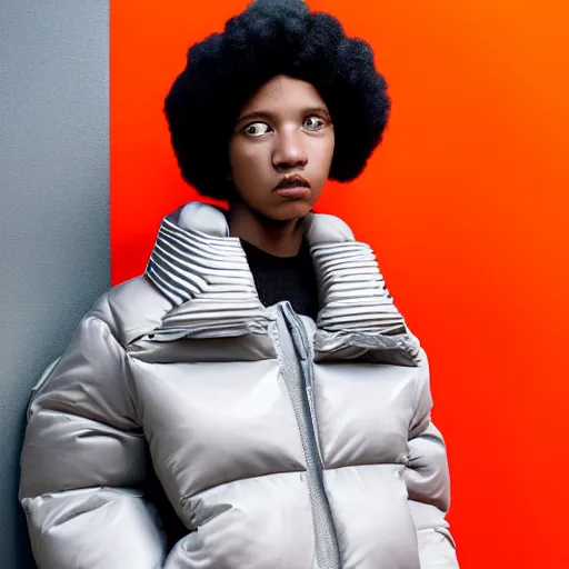 Image similar to realistic! photoshoot for a new balenciaga lookbook, color film photography, portrait of a beautiful woman wearing a puffer jacket, photo in style of tyler mitchell, fisheye lens