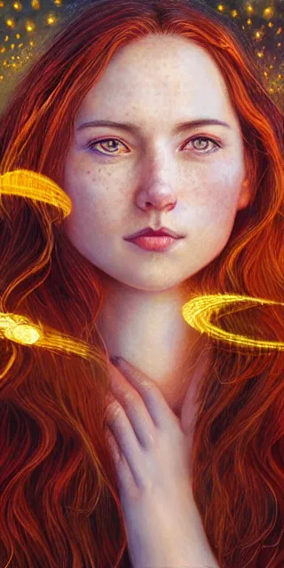 Image similar to infp young woman, smiling amazed, golden fireflies lights, sitting in the midst of nature fully covered, long loose red hair, intricate linework, green eyes, small nose with freckles, oval shape face, realistic, expressive emotions, dramatic lights spiritual scene, hyper realistic ultrafine art by michael cheval, jessica rossier, boris vallejo