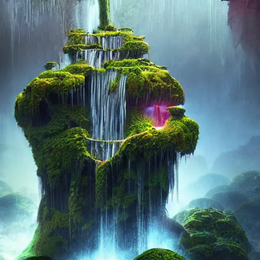 Prompt: waterfall alien web sacred cryengine render sharp focus 8 k detailed by benoit mandelbrot, paul lehr, frank gehry, peter mohrbacher, android jones, beksinski, evgeny lushpin, james christensen