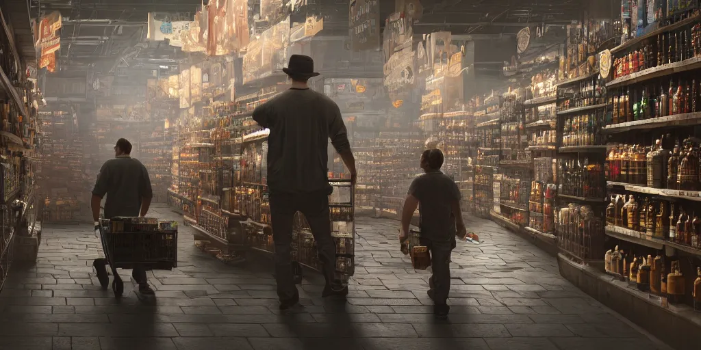 Image similar to a man shopping for beer and diapers, dim volumetric lighting, 8 k octane beautifully detailed render, post - processing, extremely hyper - detailed, intricate, epic composition, calendar says monday, cinematic lighting, masterpiece, trending on artstation, detailed detailed detailed, masterpiece, stunning art, wonderful masterpiece, beautiful cinematic light