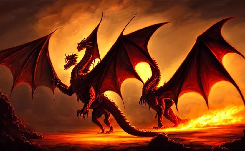 Prompt: fantasy literature style illustration, a dragon with huge wings, flames, smoke, intricate, highly detailed, digital painting, art stand, concept art, smooth, clear focus, illustration, artwork by andreas rocha and james gurney - h 9 0 0