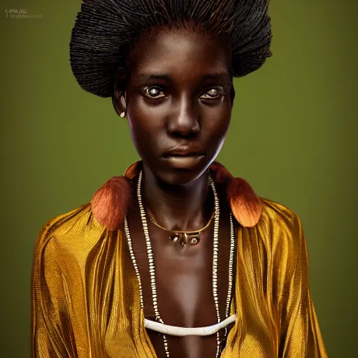 Image similar to extreme detail, african teenager, female, charles vess, gold silk clothes, klimt, hyperealistic, hdri lighting, octane