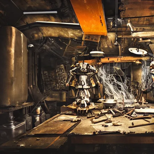 Image similar to cutlery mecha, dark messy smoke - filled cluttered workshop, dark, dramatic lighting, orange tint, cinematic, highly detailed, sci - fi, futuristic, movie still