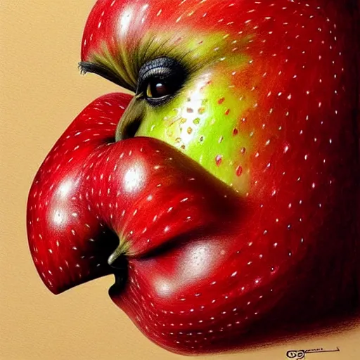 Image similar to apples arranged in the shape of a face, fantasy, intricate, elegant, highly detailed, lifelike, photorealistic, digital painting, artstation, illustration, smooth, sharp focus, art by giuseppe arcimboldo