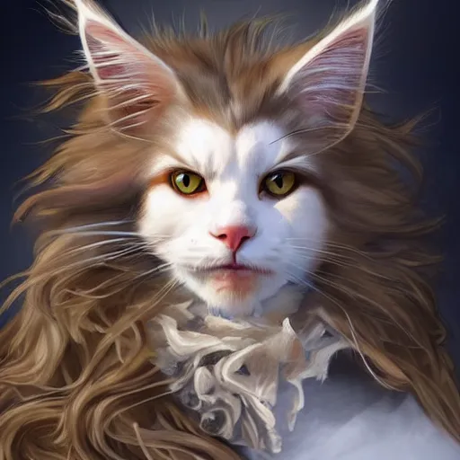 Prompt: maine coon, anthropomorphic large maine coon, dnd bipedal character, musketeer outfit, aware. furry. dnd character concept, dnd digital painting, dnd artstation, dnd concept art, smooth, super sharp focus, illustration, art by artgerm and h r giger and alphonse mucha