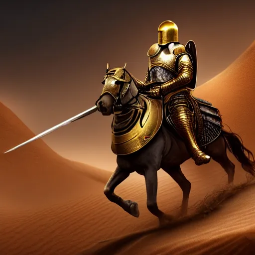 Image similar to Realistic photo of the king of the Desert in Battle, Knight with a golden helmet and a Silver Armour, Sand, Heroic Battle Scene, dark fantasy, intricate, cinematic lighting, highly detailed, digital art, trending on Artstation, 8k, photorealistic