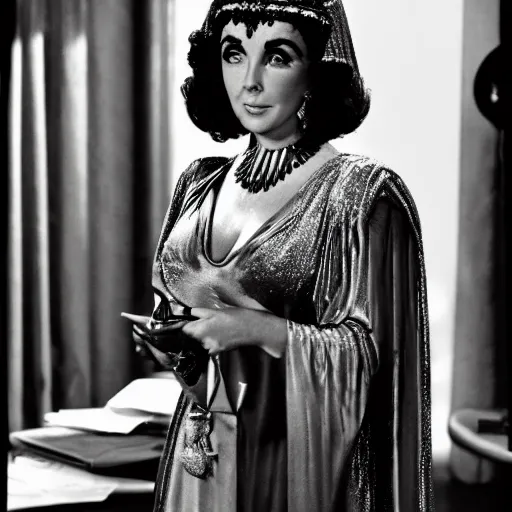 Prompt: elizabeth taylor as cleopatra in the dunder mifflin office, realistic photograph