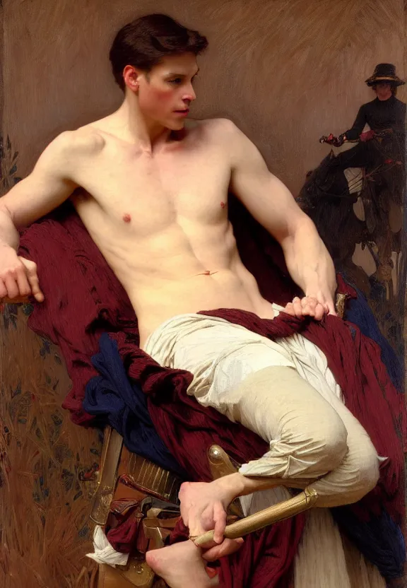 Image similar to attractive handsome fully clothed christopher tietjens confesses his love for attractive fully armored valentine wannop. centered composition. highly detailed painting by gaston bussiere and j. c. leyendecker and william adolphe bouguereau and fra angelico and octane render, musee d'orsay 8 k