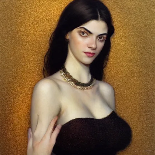 Image similar to portrait of a smiling, beautiful, pale skin eastern european female with long black hair, dark brown eyes, elegant clothing, photorealistic, highly detailed, artstation, smooth, sharp focus, gold ornaments, neon lighting, sci - fi, art by gustav klimt, artgerm, greg rutkowski and alphonse mucha