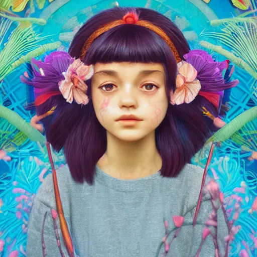 Prompt: real girl dora the explorer, exterior botanical garden, portrait face, colorful, frantisek kupka, intricate, miles johnston, kuroda seiki, cynical realism, ozabu, john william godward, painterly, yoshitaka amano, moebius, miles johnston, louise zhang, james jean, mark ryden lowbrow pop surrealism art style