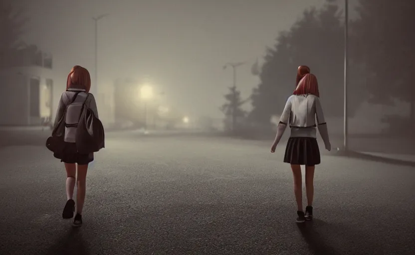 Image similar to school girl walking at night, gloomy and foggy atmosphere, octane render, cgsociety, artstation trending, horror scene, highly detailded
