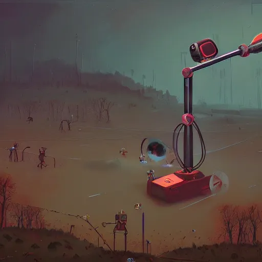 Prompt: ai robot getting kicked and beat by humans artists, by simon stalenhag and rj palmer