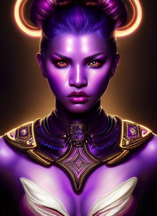 Prompt: portrait of warrior, intricate, ultra violet highlights, neon, brown skin, sharp focus, octane render, detailed, beautiful, unreal engine, symmetrical!!, loreal, maybelline, sephora, loreal, artstation, art by karol bak, art by artgerm, rossdraws, cinematic, concept art, filmic, vsco