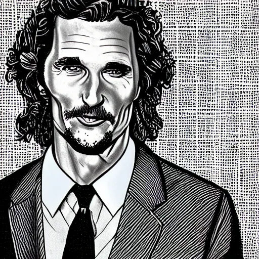 Image similar to a portrait drawing of Mathew McConaughey drawn by Robert Crumb