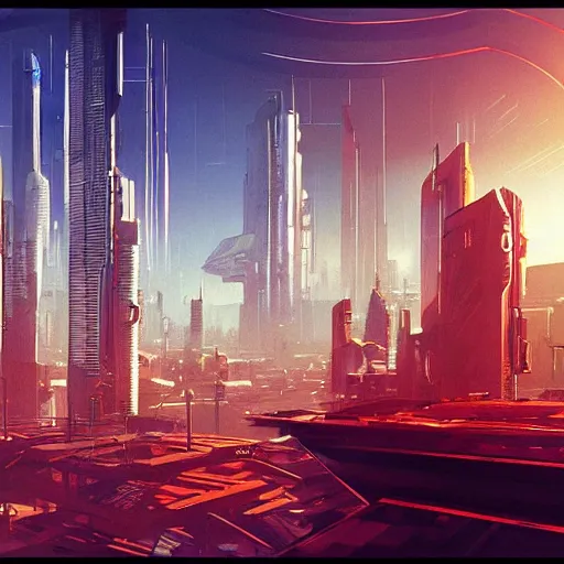 Image similar to distant view of a futuristic cyberpunk city, daylight, blue sky, cinematic lighting, blue sky, syd mead, john harris