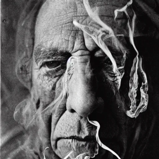 Prompt: photographic portrait of wrinkly sad max ernst dried melting flower with spiraling cigarette smoke, in fog, medium long shot