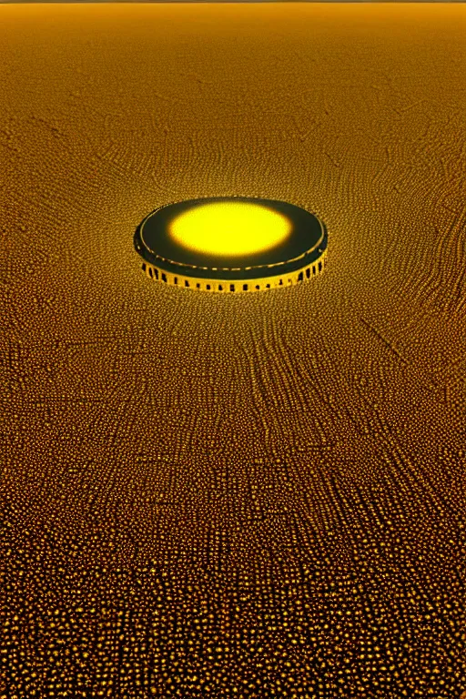 Prompt: isometric view of a shiny metallic glowing UFO hovering over a crop circle of intricate geometric pattern in flattened wheat, Cryengine, hyperrealistic, Artstation