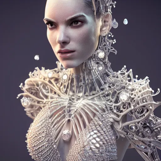 Image similar to full body detailed, ethereal, biomechanical, covered in diamonds and other gems glowing, highly detailed face, elegant posed, intricate, extremy detailed, beeple, cgsociety, 3 d unreal engine octane render. cinematic lighting, highly detailed 4 k art