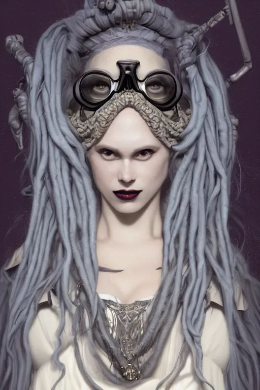 Prompt: vaporwave!!, an elegant sophisticated gothic queen with long wild dreads, straight on, by artgerm, jamie hewlett, tom bagshaw, gerald brom, 4 k, smooth, hd, substance designer render, full body character concept art, 2 point studio lighting,