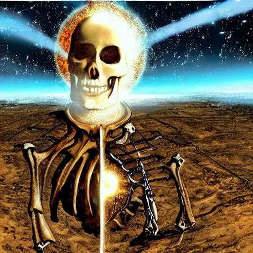 Image similar to a skeleton in Jesus Christ's shroud stanging on the earth sphere with an epic thermonuclear blast in background, praying for mercy