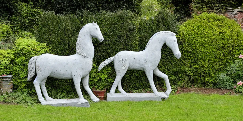 Image similar to folk art carved concrete statue of a horse rearing up, in an english cottage garden