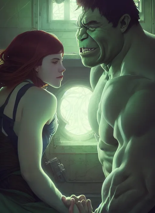 Image similar to highly detailed portrait of hulk, stephen bliss, unreal engine, greg rutkowski, loish, rhads, beeple, makoto shinkai and lois van baarle, ilya kuvshinov, rossdraws, tom bagshaw, alphonse mucha, global illumination, radiant light, detailed and intricate environment