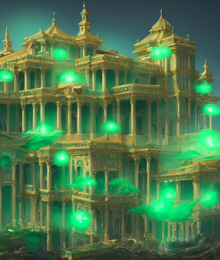 Image similar to a detailed digital painting of a palace made of gleaming emeralds, trending on artstation, digital art, 4 k resolution, detailed, beautiful render, octane render, high quality, sharp focus, hq artwork, coherent, insane detail, concept art