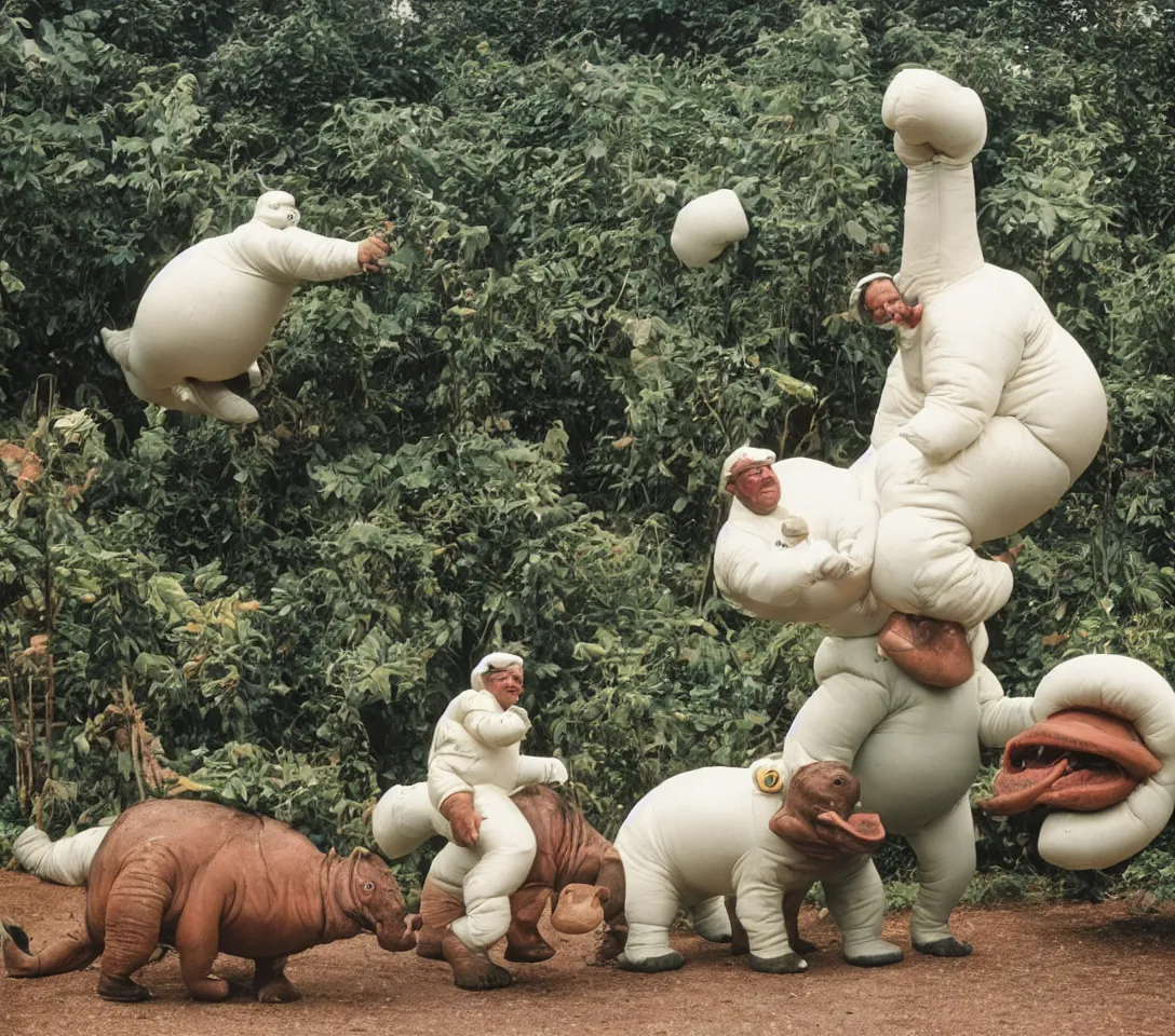 Image similar to a 3 5 mm photography, kodachrome colour, of grandpa with white michelin man costume, riding a hippo, strange creatures and alien plants around, photos taken by martin parr