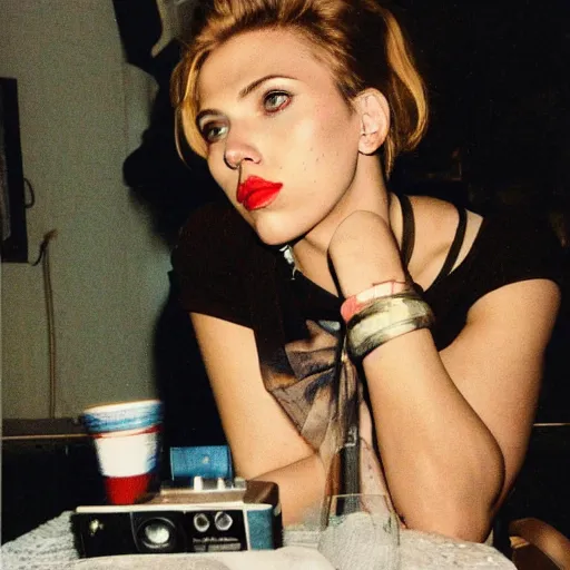 Prompt: polaroid image of scarlett johansson at home