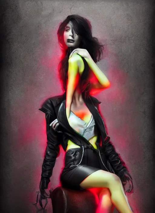 Image similar to a photo of 8 k ultra realistic a black haired female in high heels and a black leather jacket, multicolour neon, art by lise deharme