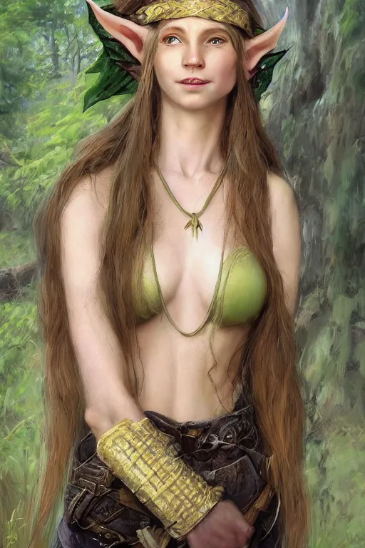 Image similar to Face portrait of a gorgeous Elf lady, long golden hair, jungle ranger attire, pale skin, light green eyes, small nose, pretty smile, black headband, Alone, no extra characters, pointy ears high fantasy, by Joseph Christian Leyendecker, by donato giancola, matte painting, rending on artstation, artstationHD, artstationHQ, no extra characters, no extra arms, no extra hands, HD 8K