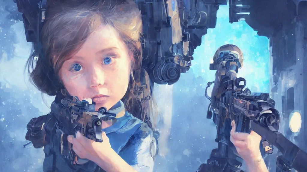 Image similar to portrait of the little girl with very blue eyes is melted under machinegun fire because someone must melt, digital art, illustration, highly detailed, art by finnian macmanus