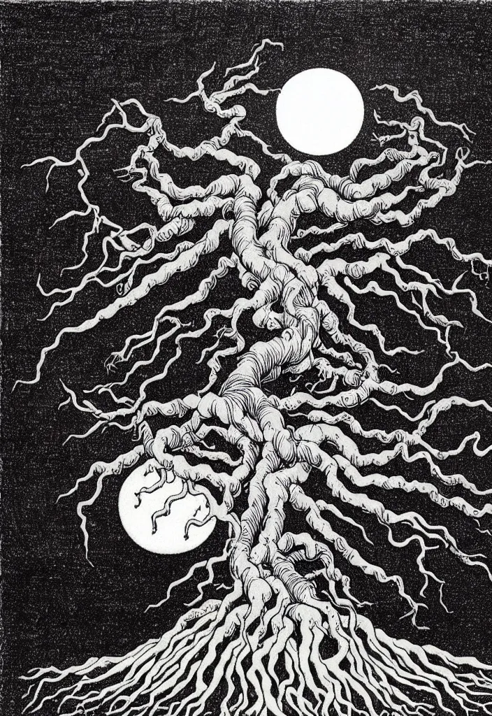 Image similar to prompt: magical white skeleton Bonsai tree squid creature roots merging into big moon drawn by Rene Magritte, Japanese woodblock print style, clean ink detailed line drawing, intricate detail, manga 1980