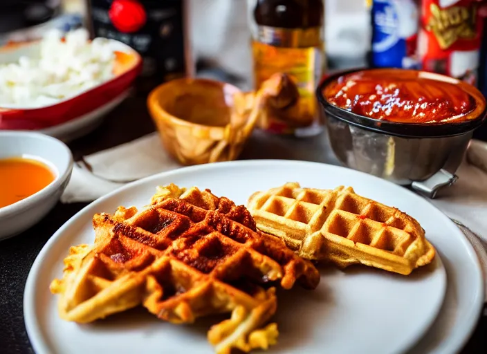 Image similar to dslr food photograph of chicken and waffles drizzled with maple syrup and hot sauce with a side of cole slaw, 8 5 mm f 1. 8