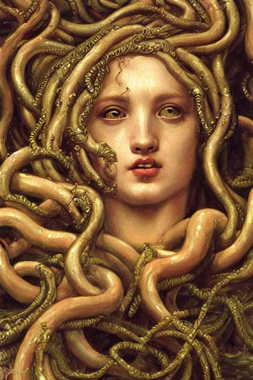 Prompt: Baroque painting of Medusa in a lake, inspired by Gustav Moreau and Wayne Barlowe, exquisite detail, hyper realism, ornate, exquisite detail, cute face