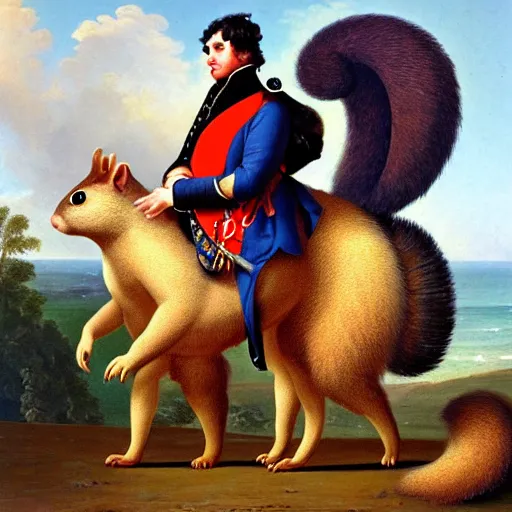 Image similar to a giant fluffy squirrel carrying napoleon bonaparte on its back, beach scene, flowers and foliage, detailed oil painting