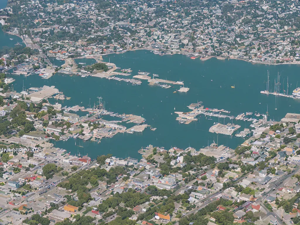 Image similar to bird's eye view photo of a small city with shops, shipping dock harbor, and beach to the south. a bridge crosses a big lake, with a town hall, marketplace, and towers to the north. there is a field in the middle of the city. small hills and woods north of the city