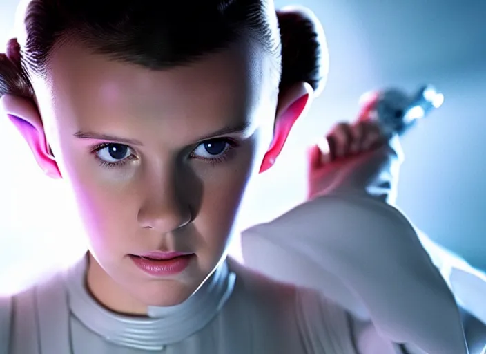 Image similar to film still of!!!! millie bobby brown!!! as princess leia in star wars movie, hair pulled back, closeup portrait, wearing long white robe, deep focus, exploring interior of a spaceship, glamour pose, dramatic lighting, octane, mist, volumetric lighting, 8 k