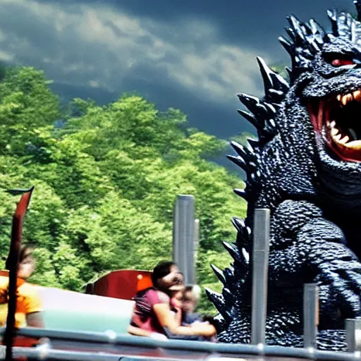 Image similar to Godzilla riding a roller coaster