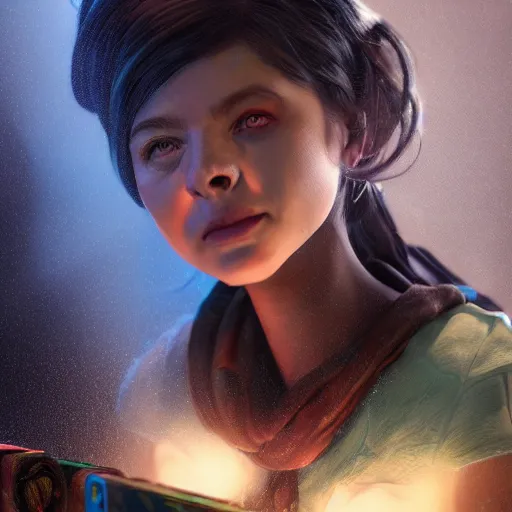 Image similar to An epic fantasy comic book style portrait painting of a young tinker girl working on a device in her workshop, unreal 5, DAZ, hyperrealistic, octane render, cosplay, RPG portrait, dynamic lighting